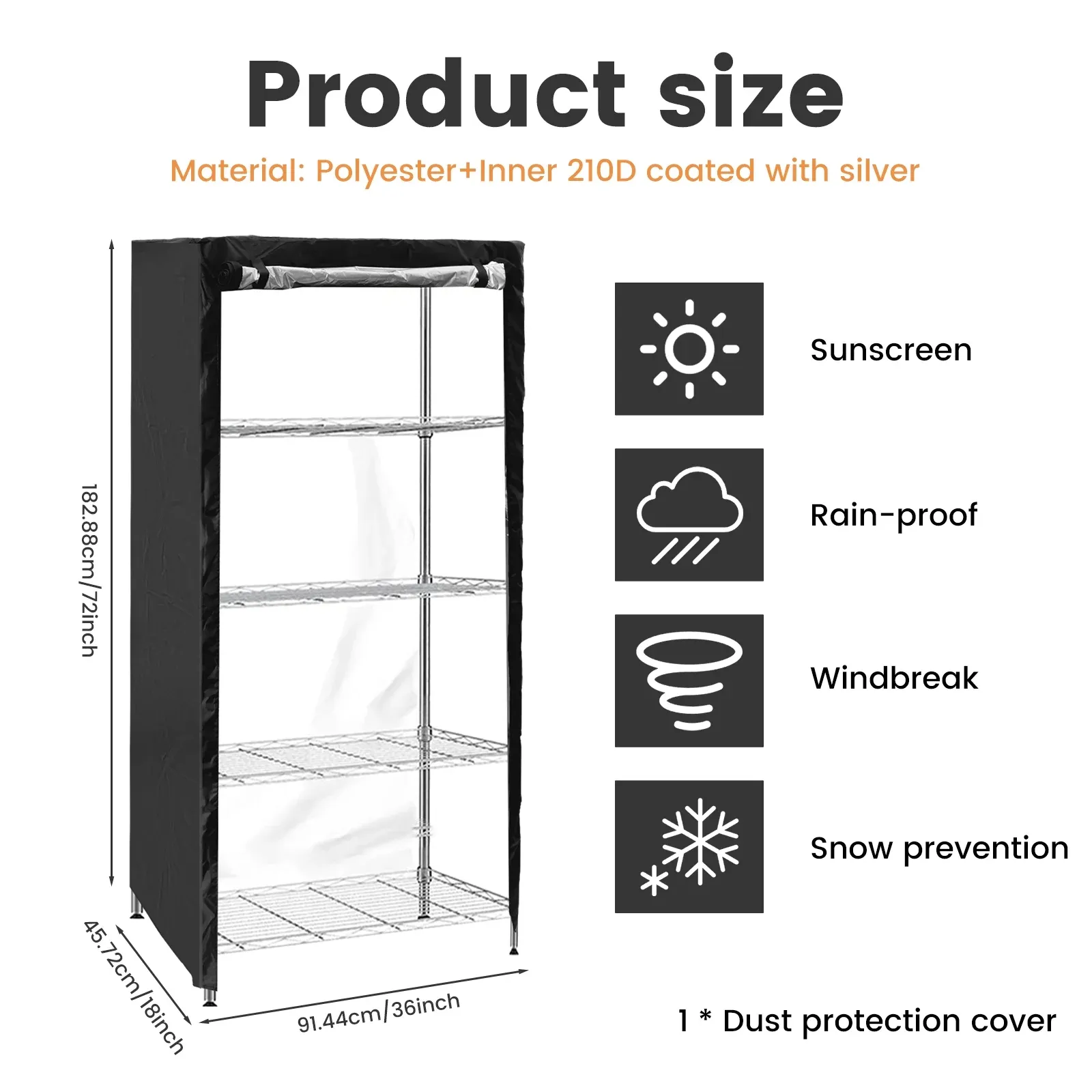 Wire Shelving Unit Cover, Waterproof Dustproof 210D Zipper Rack Cover, Black 36 x 18 x 72 In โ image 6