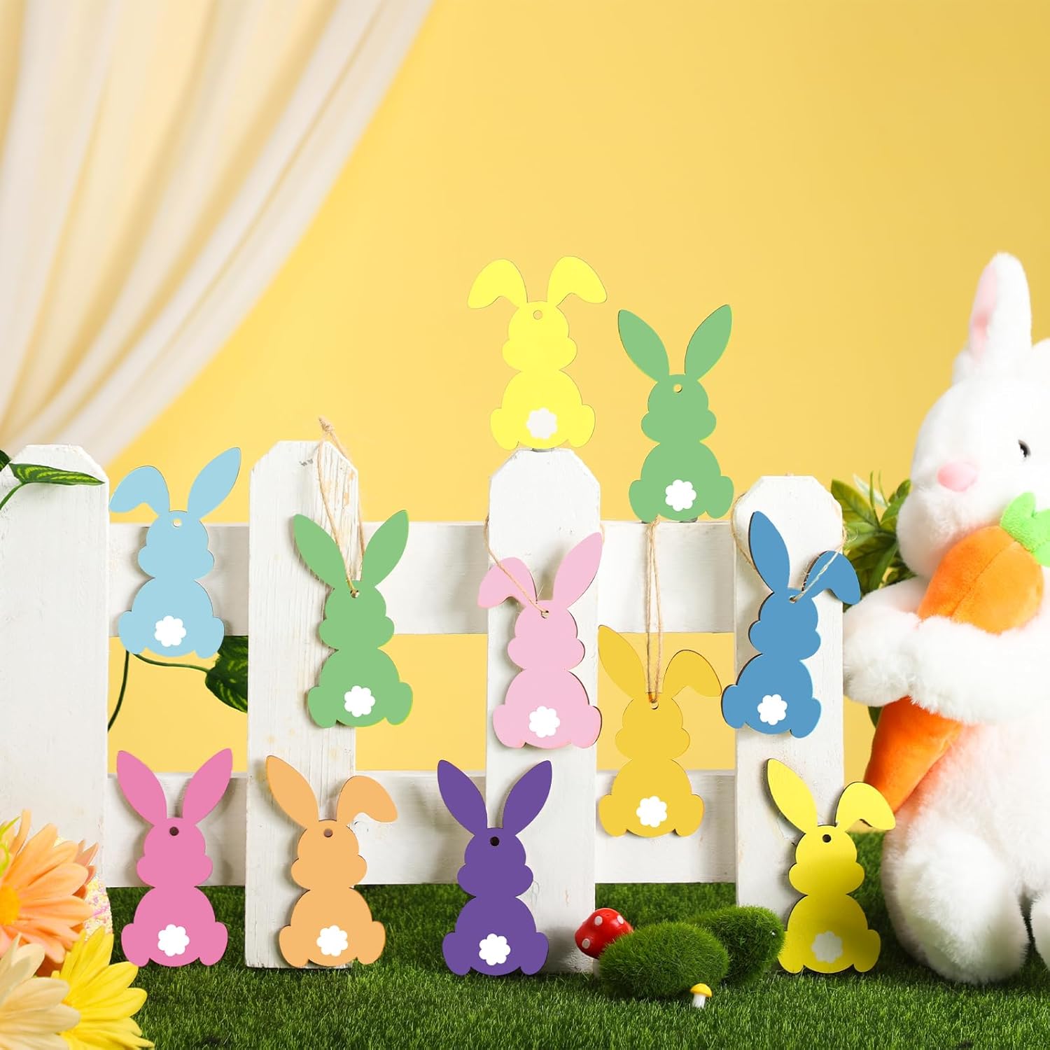 36 Pcs Easter Bunny Tree Ornaments Easter Wooden Hanging Decor 12 Color Rabbit Embellishments for Tree Wood Bunny Tags Rabbit Shape Cutouts with String for — image 3