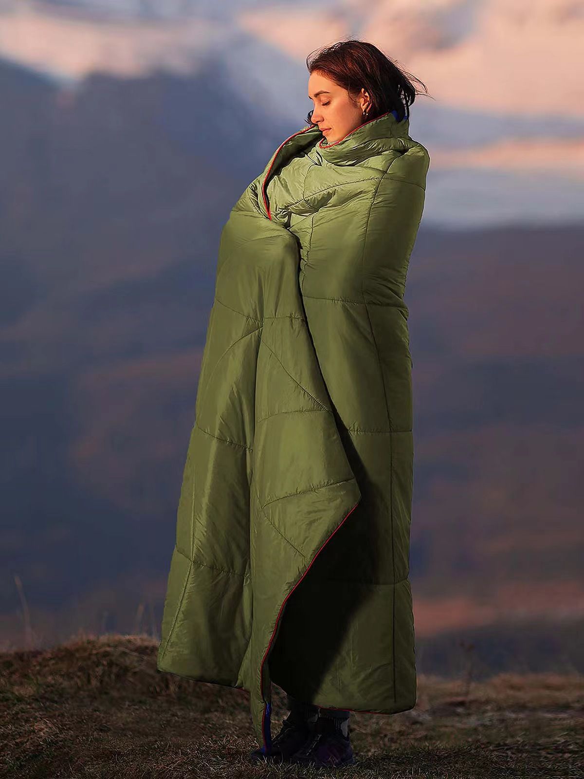 200x140cm Green Large Outdoor Camping Imitation Silk Cotton Wearable Warmth Blanket, Quilted Poncho Shawl Throw with Storage Bag, Lightweight Warm Camping โ image 6