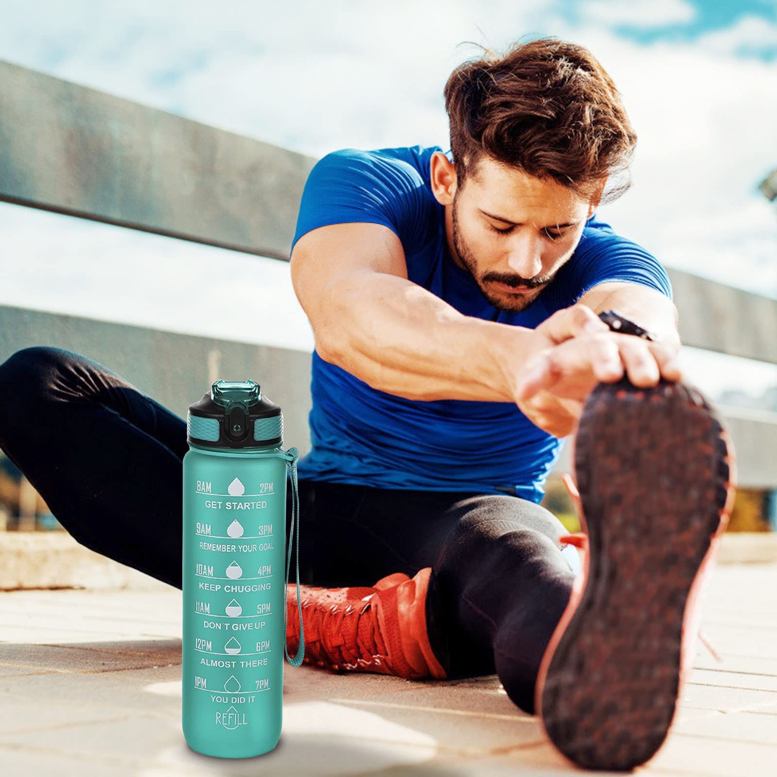 Motivational Water Bottle with Time Markings 1L Leak-proof Design Fitness Drinking Bottle with Straw Portable Sports Drink (Green) — image 4