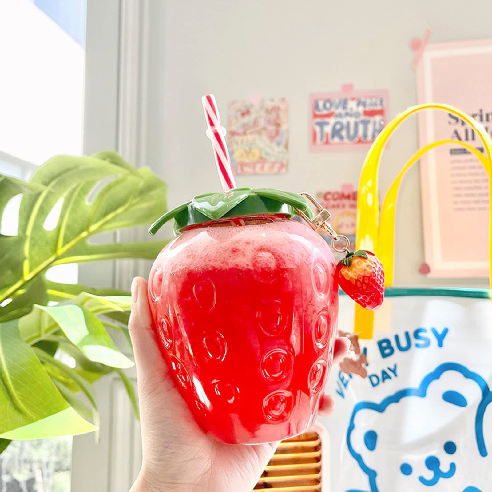 Strawberry Cup with Straw, Cute Strawberry Drinking Cups with Strawberry Pendant Portable Water Bottle for Girls Cup (1 Pcs) — image 2