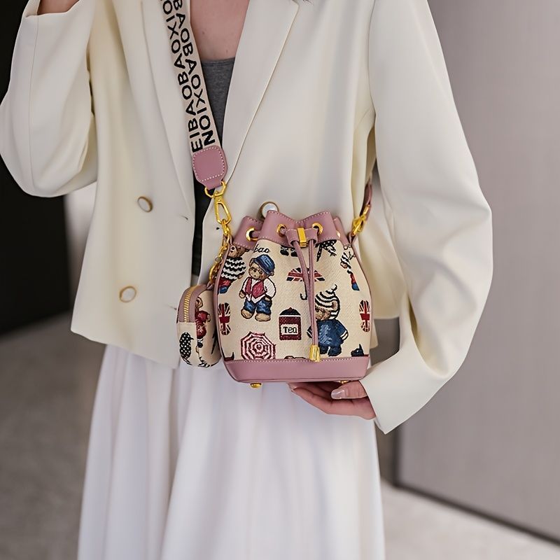 Women'S Bucket Bag Bear Print Handbag Trendy Handbag British Style Bag - Pink - Size 11-14-19 — image 4