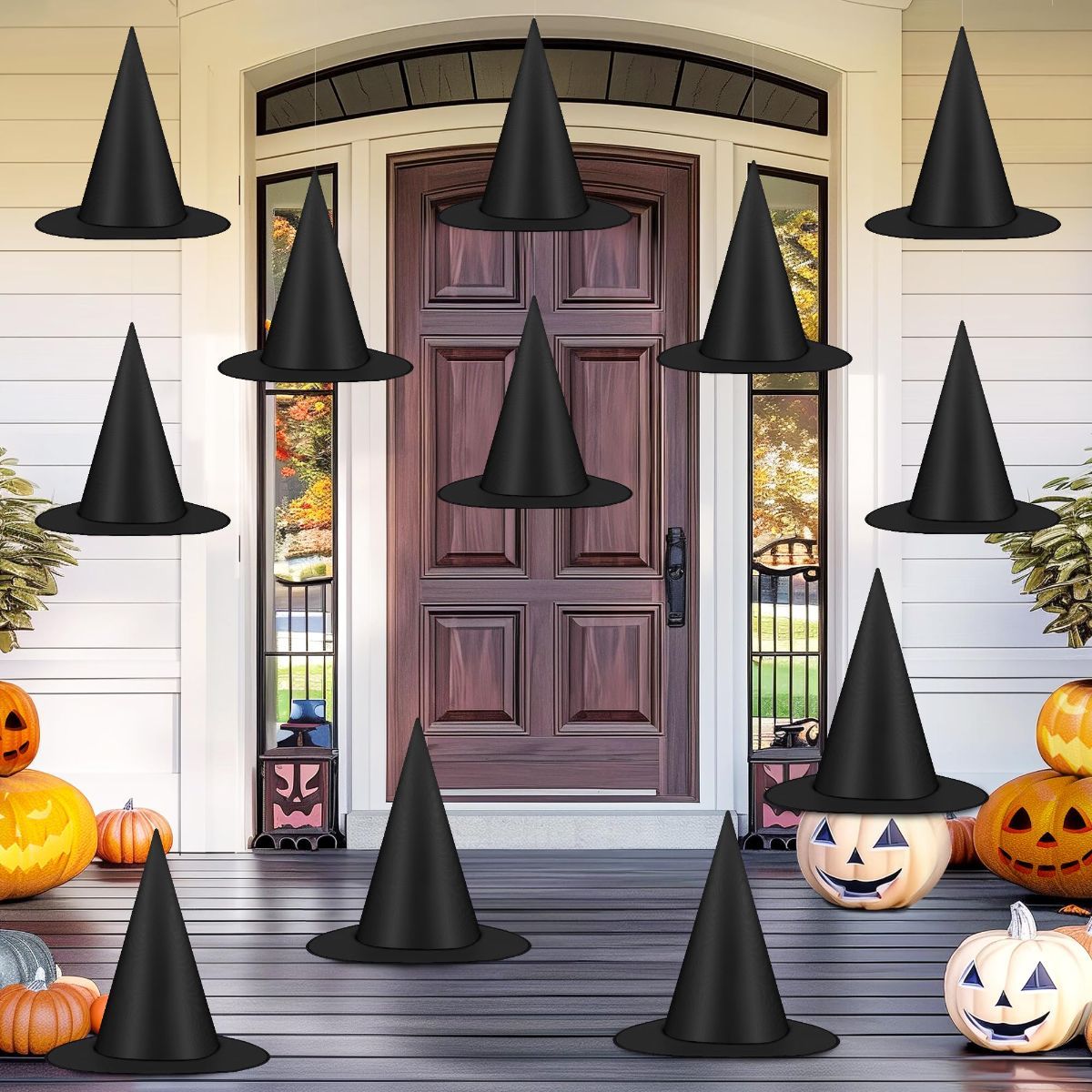 24 PCS Halloween Witch Hats, Black Hanging Witch Hats Porch Yard Decor | Witch Costume Accessories Witches Hat with 328 FT Nylon Cord Wizard Hats