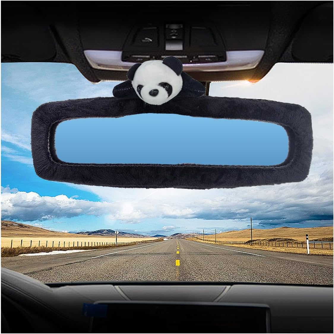 Cute Cartoon Car Rear View Mirror Cover, Elastic Plush Car Rearview Mirror Protector, Car Interior Decor Accessories for Girls Women (Black-Panda)