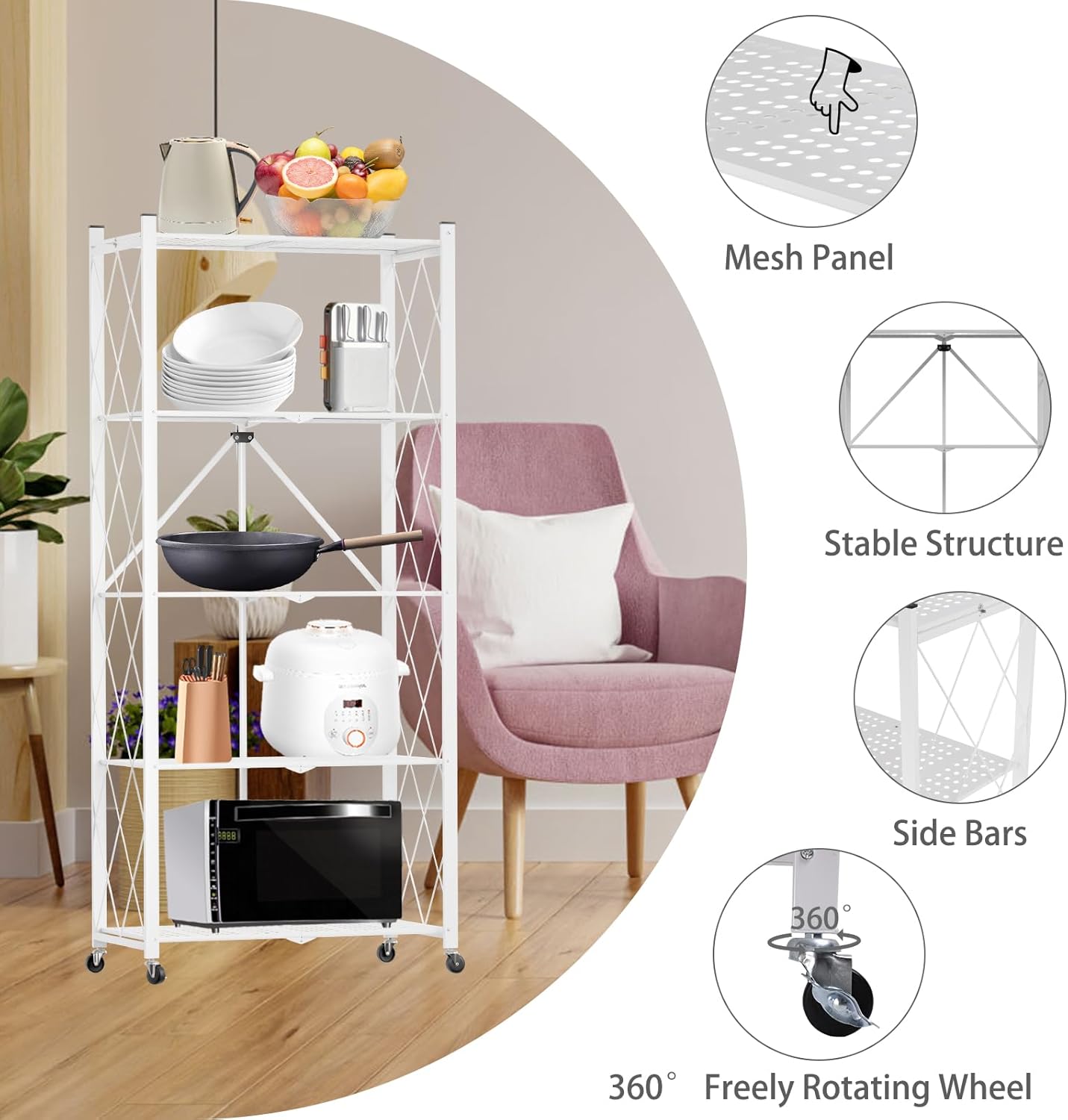 CARLA HOME 5-Tier Foldable Storage Shelf with Wheels for Kitchen, Garage, Pantry or Basement (White) — image 6
