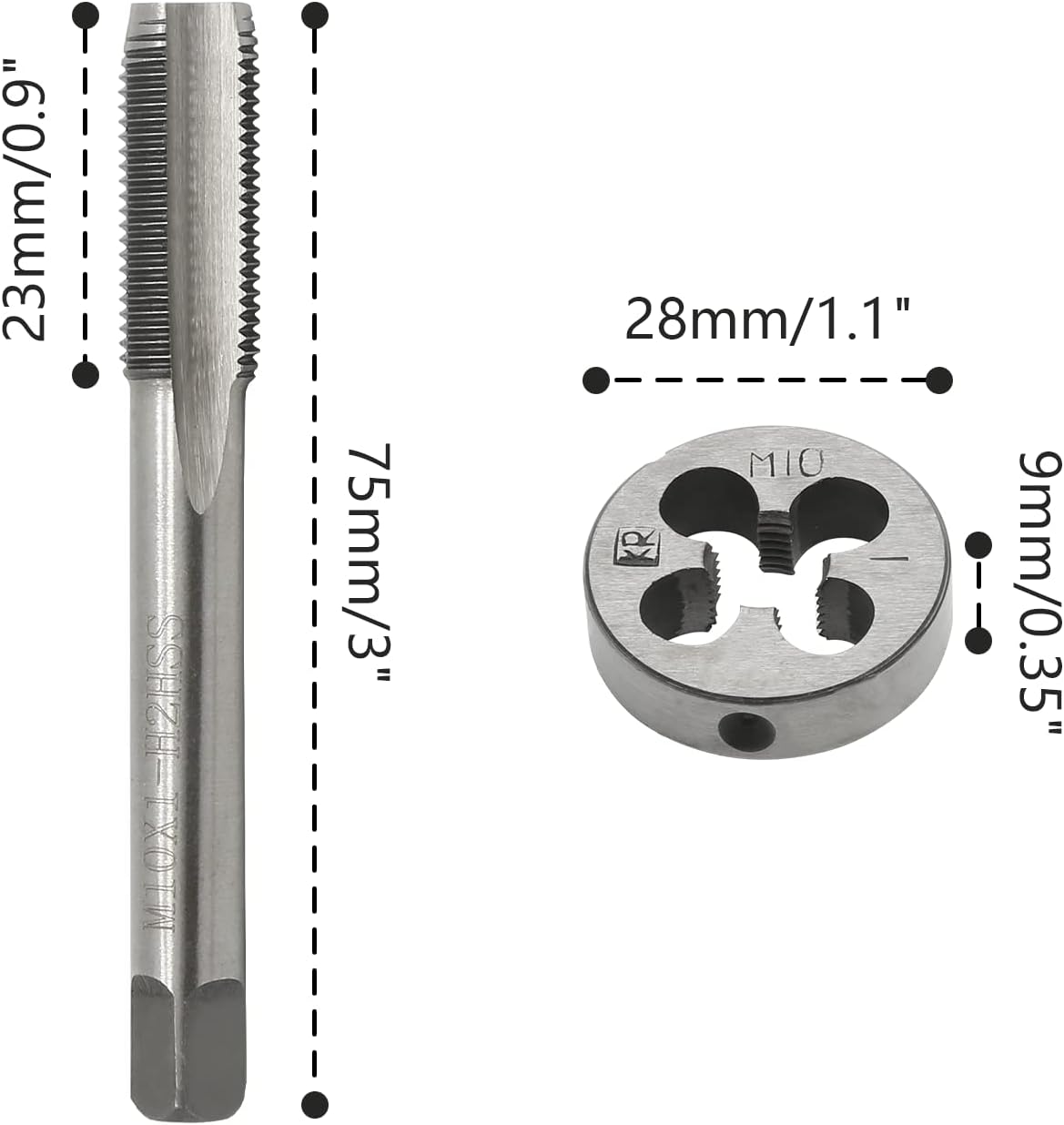 Biaungdo M10 × 1mm Tap and M10 × 1mm Die Metric Right Hand Thread, HSS Right Hand Thread Tap and Die Set — image 2