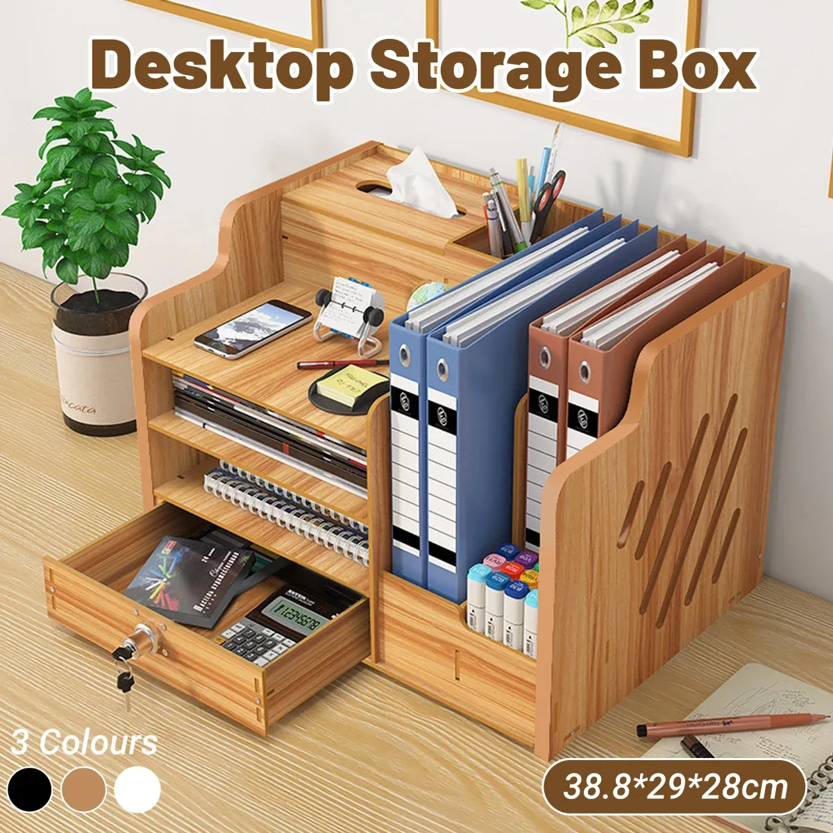 Wooden Desktop Storage Box with Locking Drawer Space Saving for Home Office Use - Wood — image 2