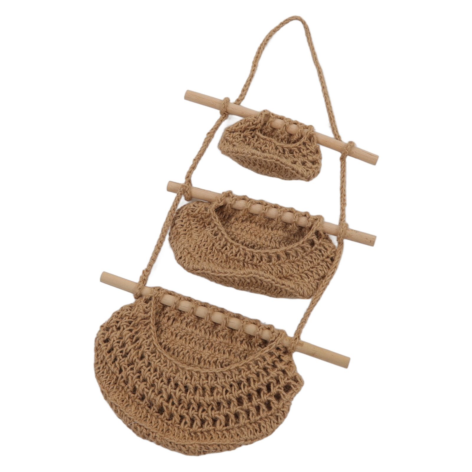 Hanging Fruit Basket 3 Tier Wall Mounted Handcraft Hemp Rope Wood 3 Tier Hanging Wall Basket for Toys Pet Plush Toys Dolls โ image 3