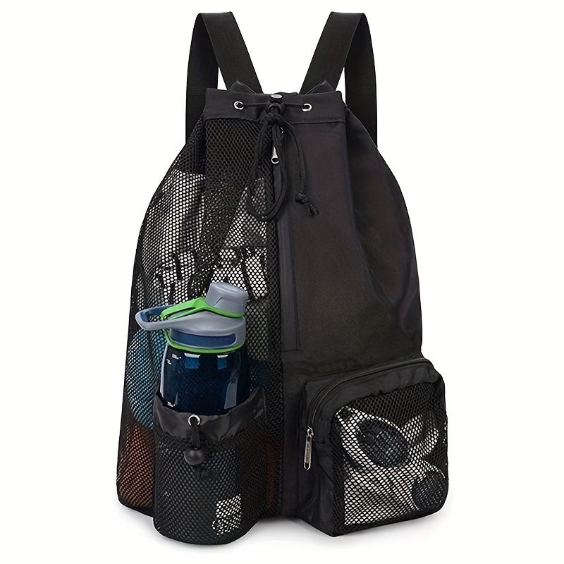 Mesh Drawstring Swim Bag - Large Capacity 20-35L Beach Backpack with Wet Pocket - Breathable Sports Sack for Gym Swimming Travel - Black
