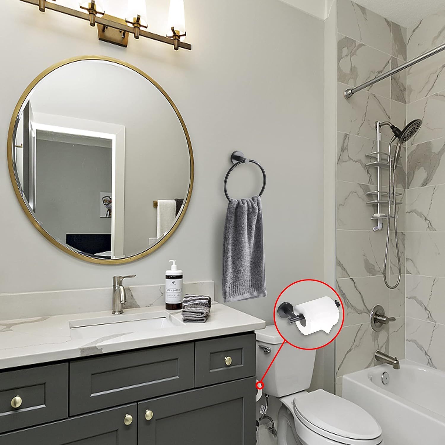 Matte Black Toilet Paper Holder and Hand Towel Holder, 2 Pieces Bathroom Hardware Accessories Set, Stainless Steel Sturdy Wall Mount Toilet Paper Roll Holder — image 4