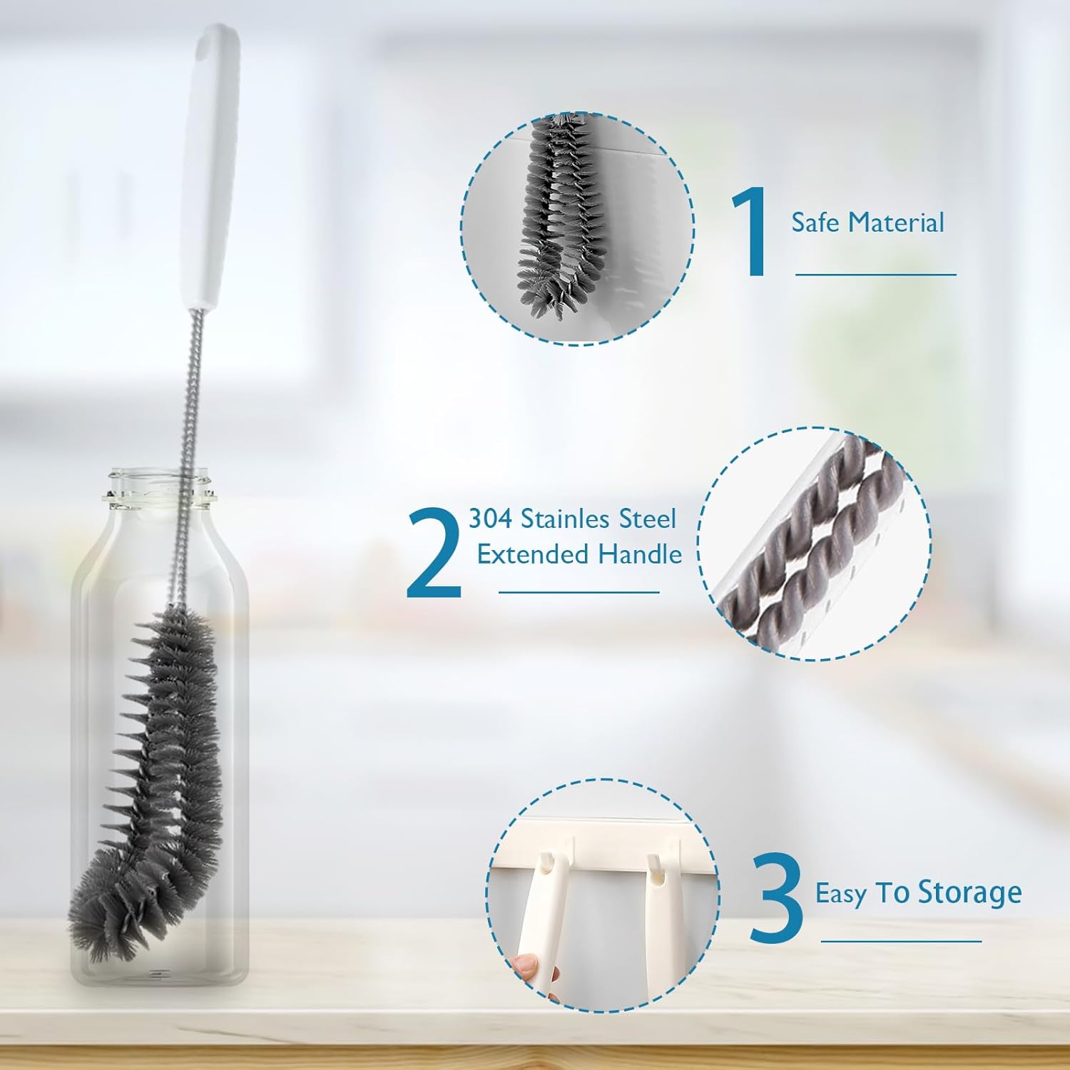 15.7" (40cm) Flexible Long Black Bottle Cleaning Brush for Kitchen and Dining - Perfect for Baby Bottles, Sports Bottles, Glassware, Mugs, Jars, and Stemware — image 3