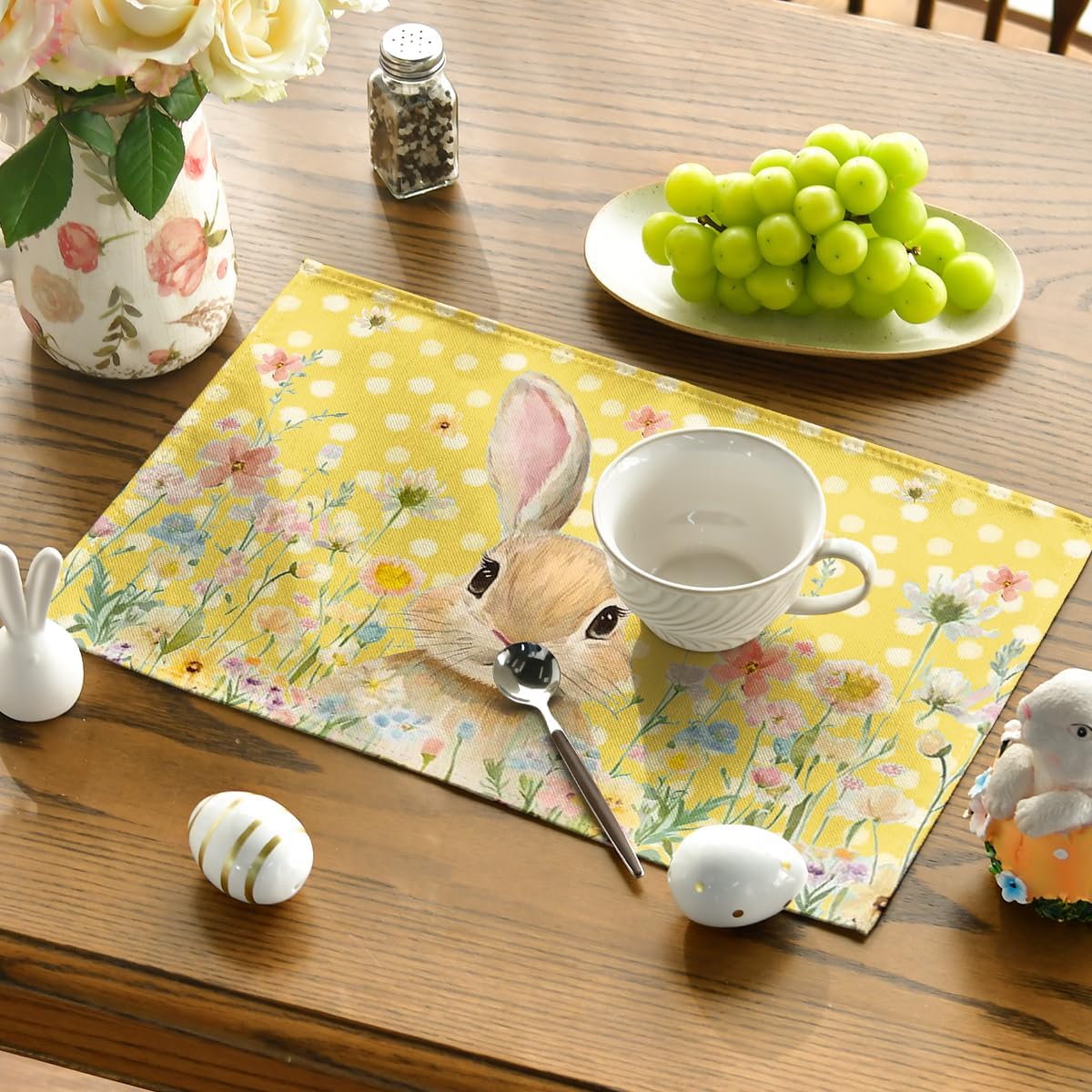 Yellow Bunny Polka Dot Easter Placemats Set of 4, 12x18 Inch Flower Seasonal Spring Holiday Table Mats for Party Kitchen Dining Decoration โ image 3