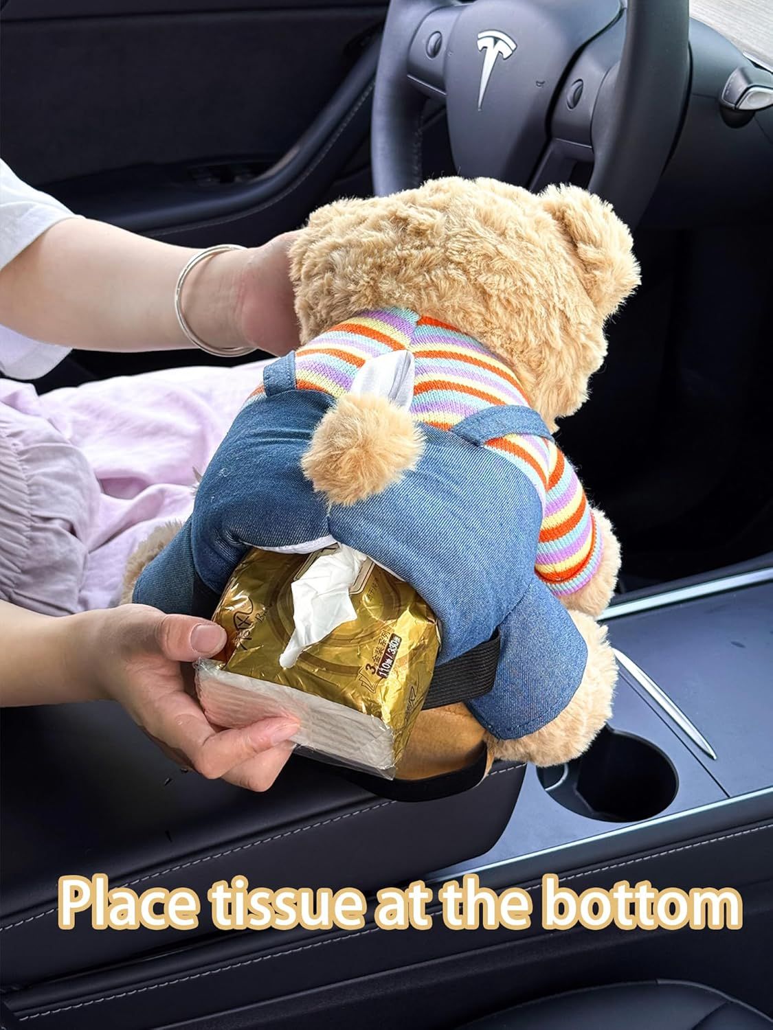 Cute Car Trash Can with Tissue Holder Teddy Bear Tissue Box Console Stuffed Animal Organizer Plush Doll Multifunctional Creative Accessories for Women Rainbow — image 4