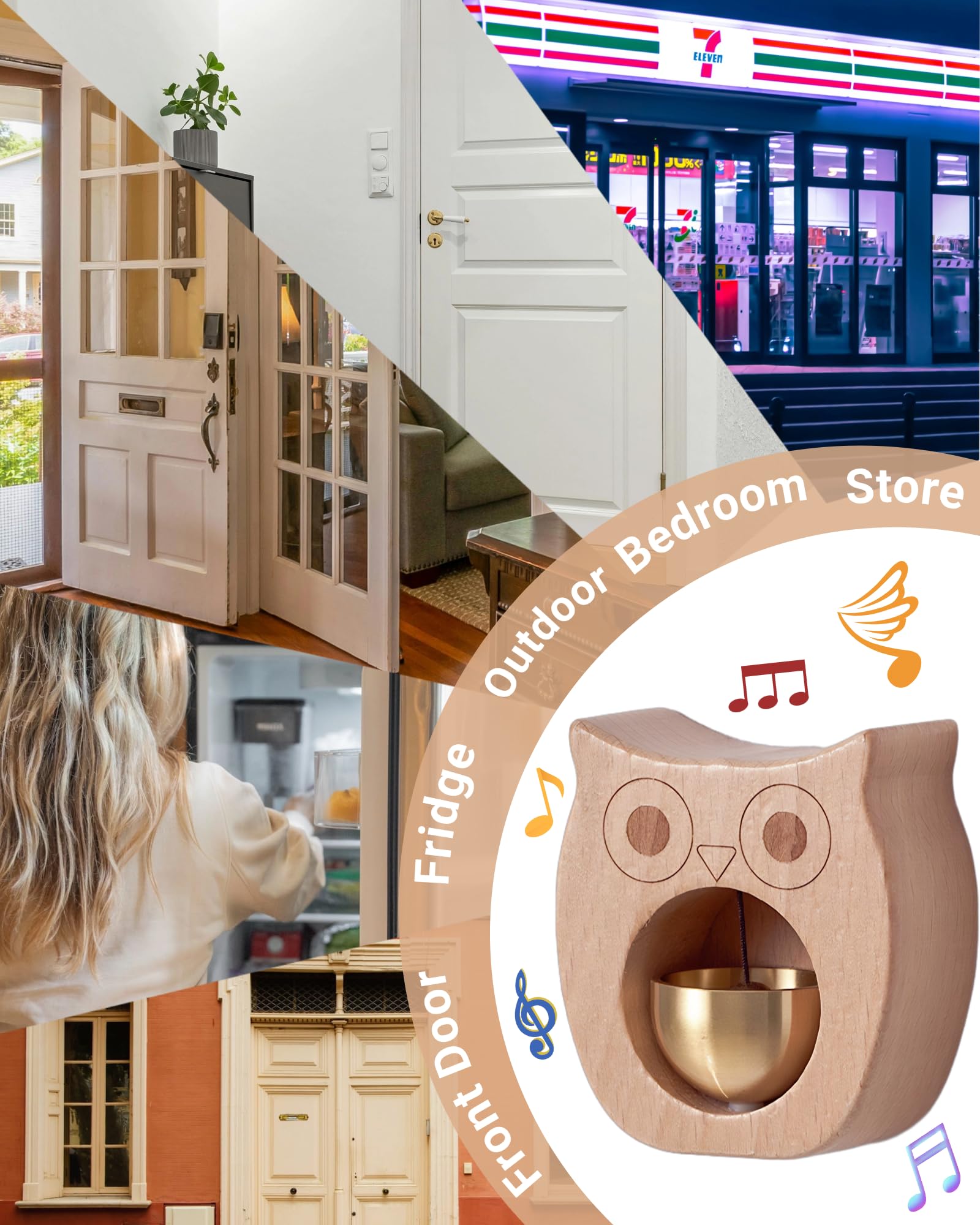 1 Piece Vintage Wooden Door Bell with Copper Chime and Magnetic Mount for Entryways and Bedrooms, Beech Owl Design — image 6