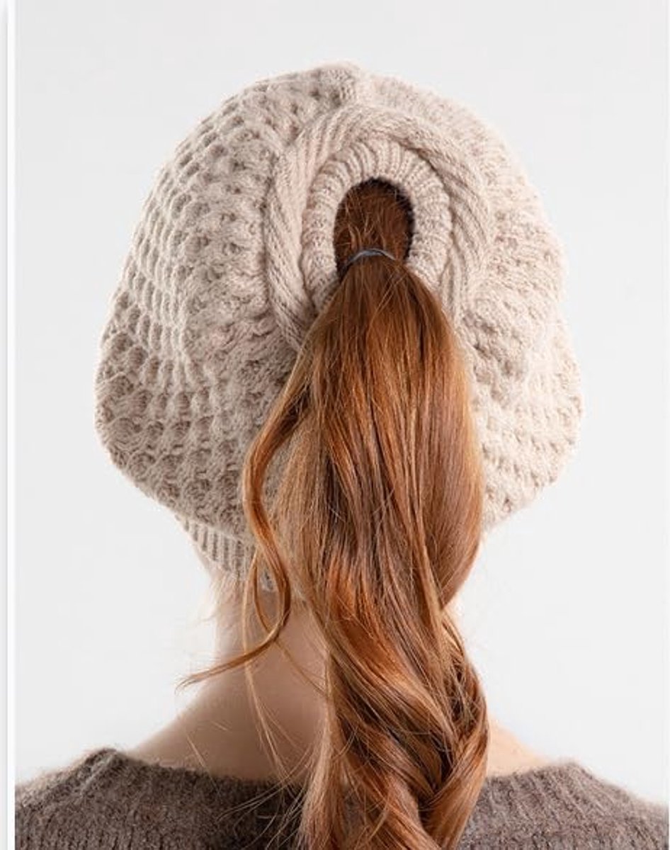 Women's winter hat - Knitted hat with ponytail opening - Oversized cable-knit winter hat - Hat with skull motif — image 3