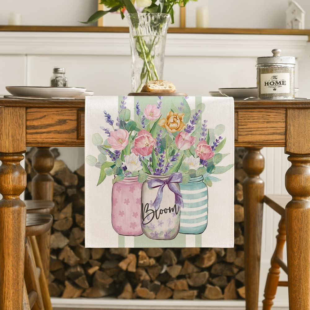 Vase Bloom Tulip Lavender Summer Table Runner, Seasonal Spring Kitchen Dining Table Decoration for Home Party Decor 13 × 72 Inch — image 2
