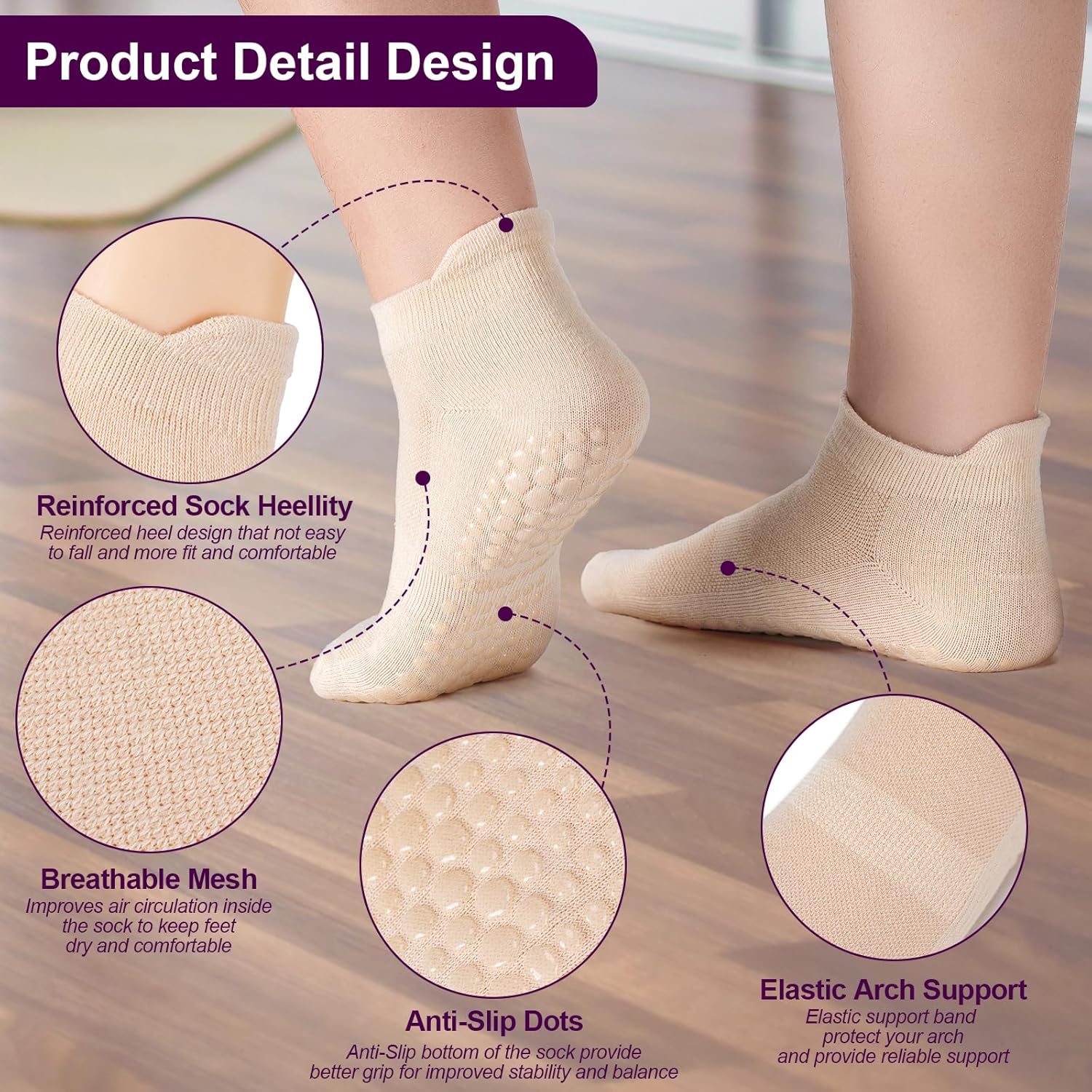 6 Pairs Breathable Women's Yoga Socks with Grippers Anti-Slip Sports Pilates Socks Suitable for Barre, Dance, Hospital, Home Use โ image 4