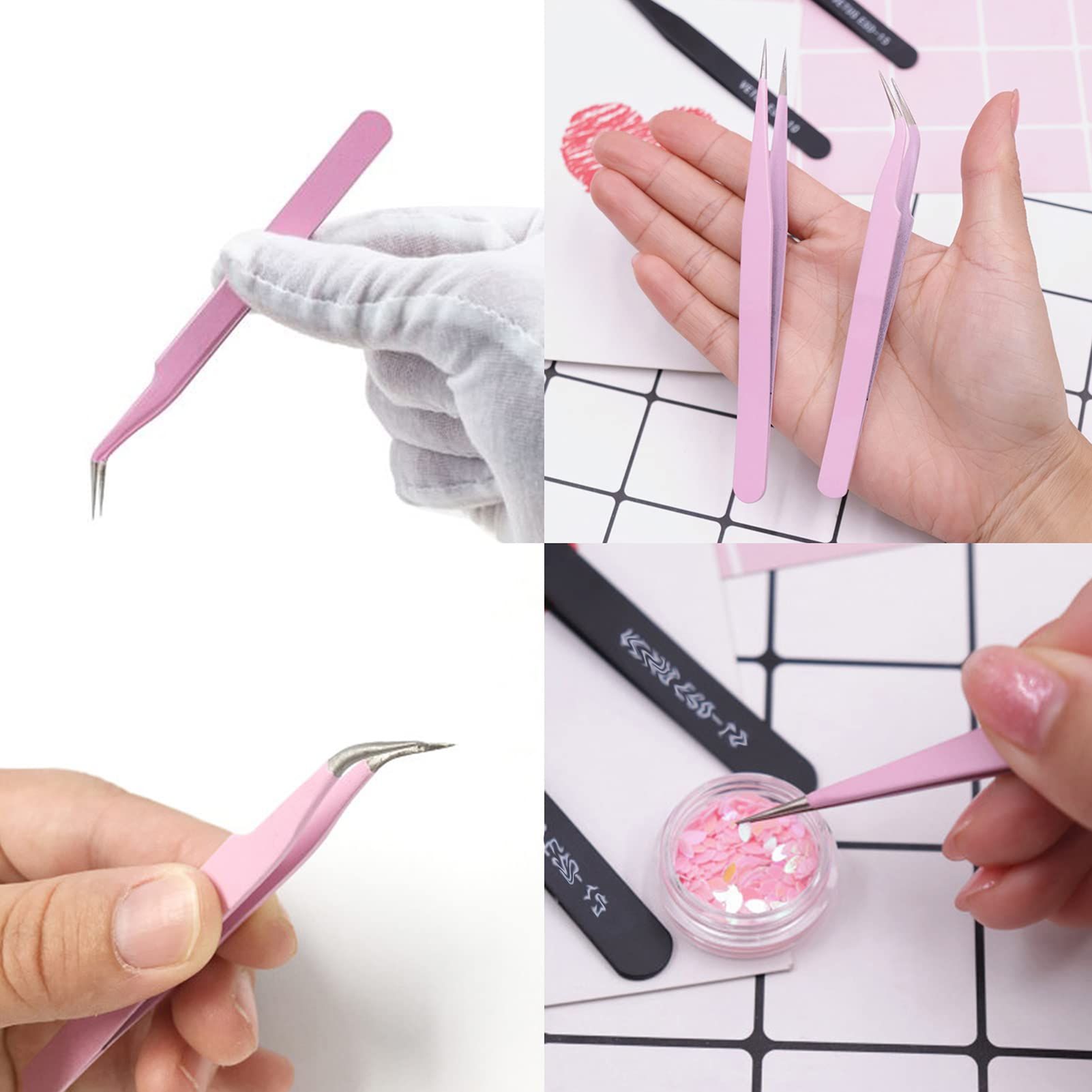 4PCS Precision Tweezers Set, Diamond Painting Tools, Anti-Static Stainless Steel Curved & Point Tip Tweezers, for Nail Art,DIY β image 4