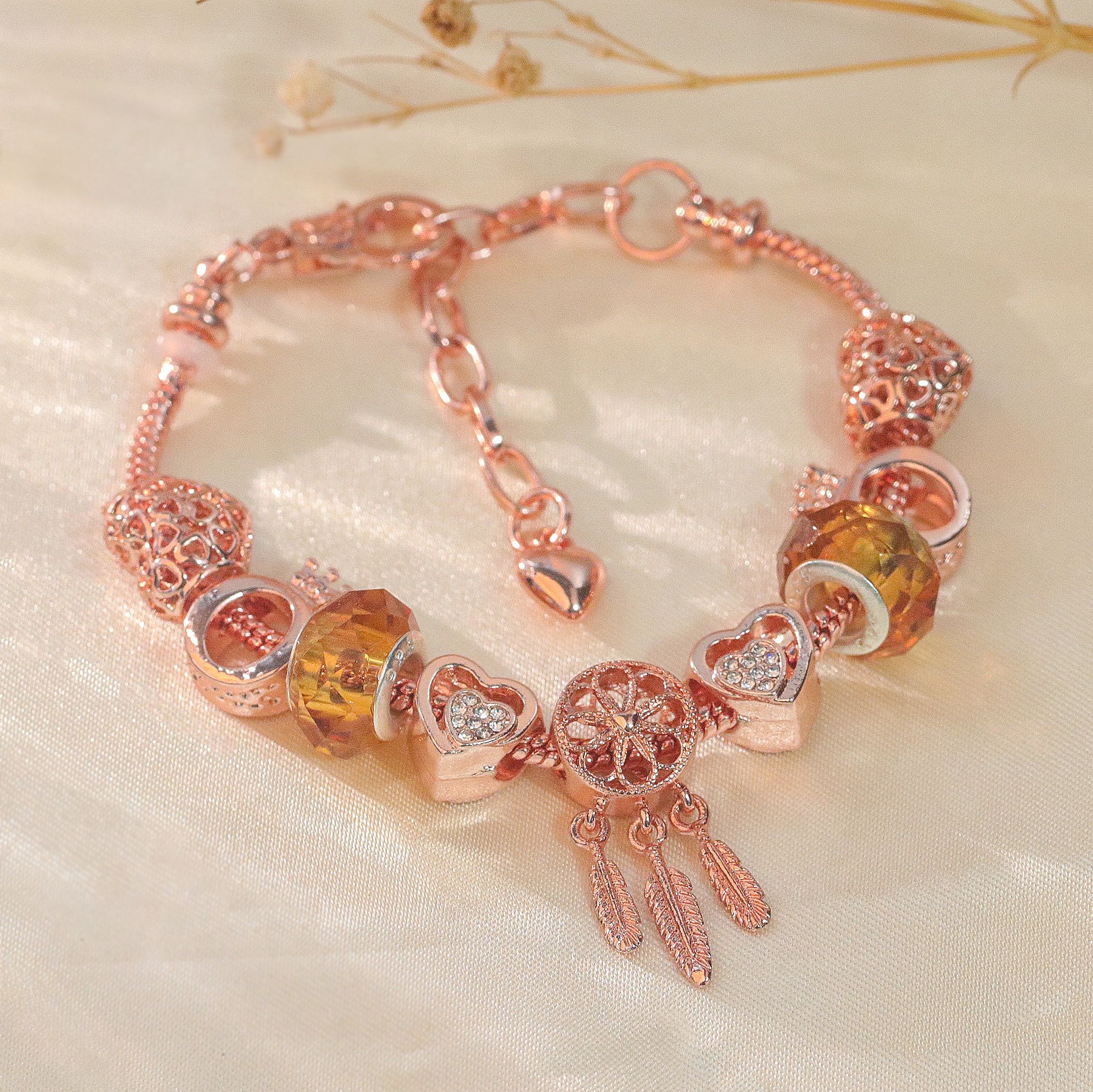 Rose Gold Plated Charm Bracelet with Zircon, Hollow Heart, Flower, Crown & Glass Beads(19cm) โ image 6