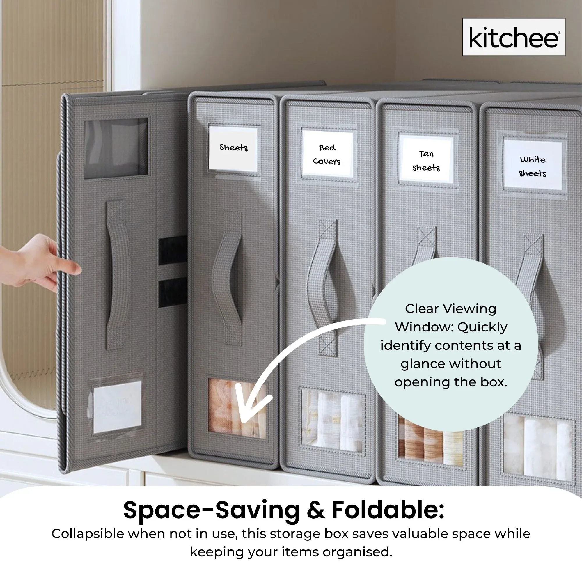 Kitchee Foldable Bed Sheet Storage Box - Linen + Closet Organiser Grey — image 4