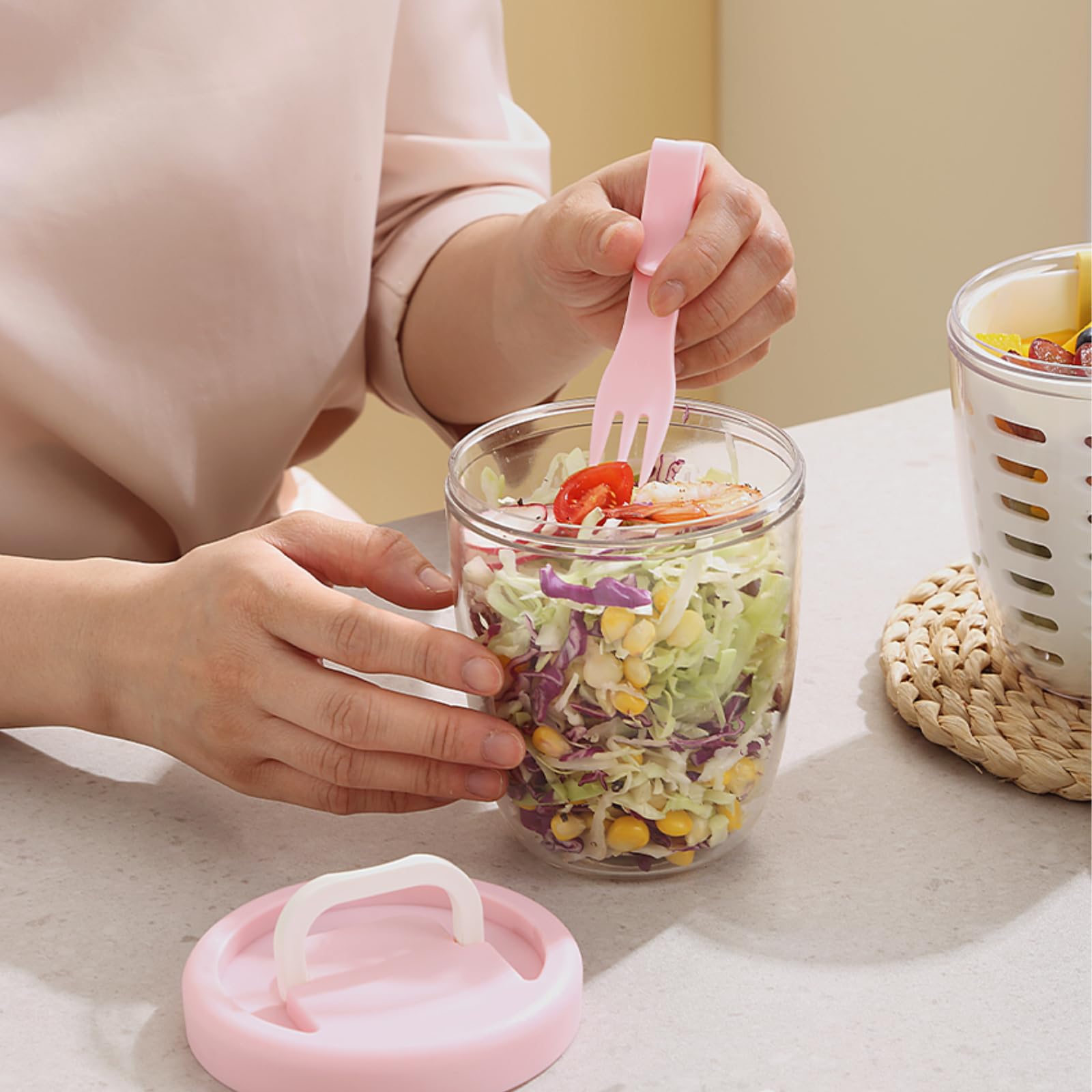 Portable Salad and Yogurt Cup with Fork and Colander Insert for Fruit, Snacks, School Lunches, Picnics and Travel, Yellow — image 6