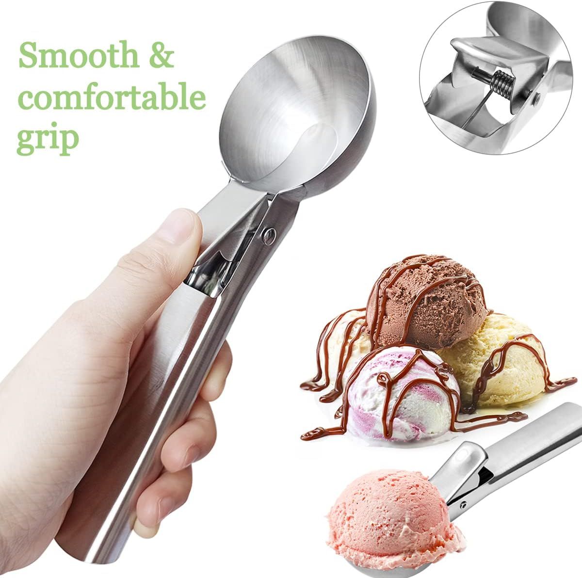 2 Pack Stainless Steel Trigger Ice Cream Scoops, Heavy Duty Portion Spoons for Gelato, Sorbet, Fruit and Desserts, Silver, 19.1 x 5.3 cm β image 5