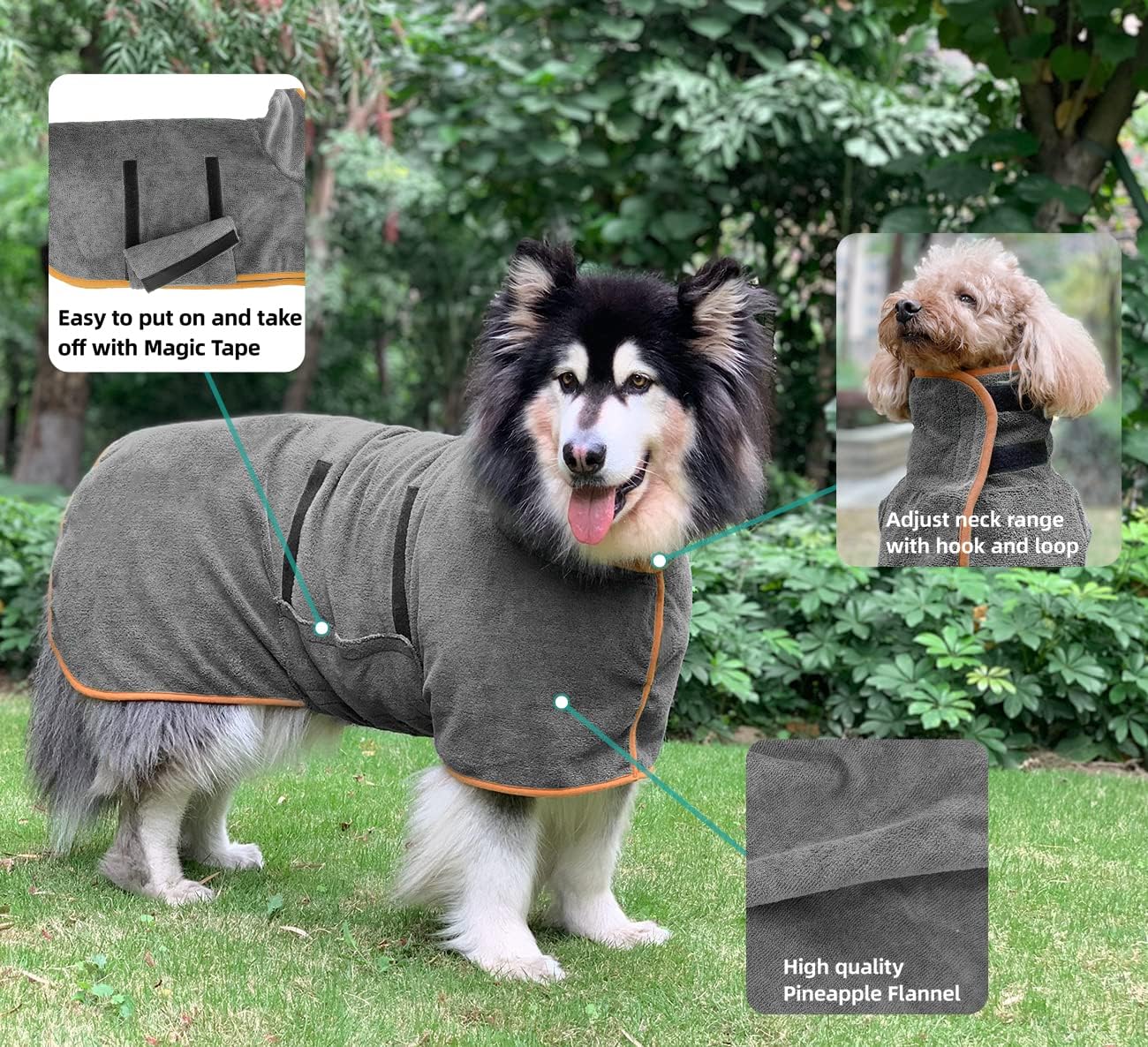 Dog Bathrobe - 1 Piece - Size M - Grey with Orange Piping - Absorbent Dog Towel - Adjustable Strap Dog Robe - Pet Drying Coat — image 2