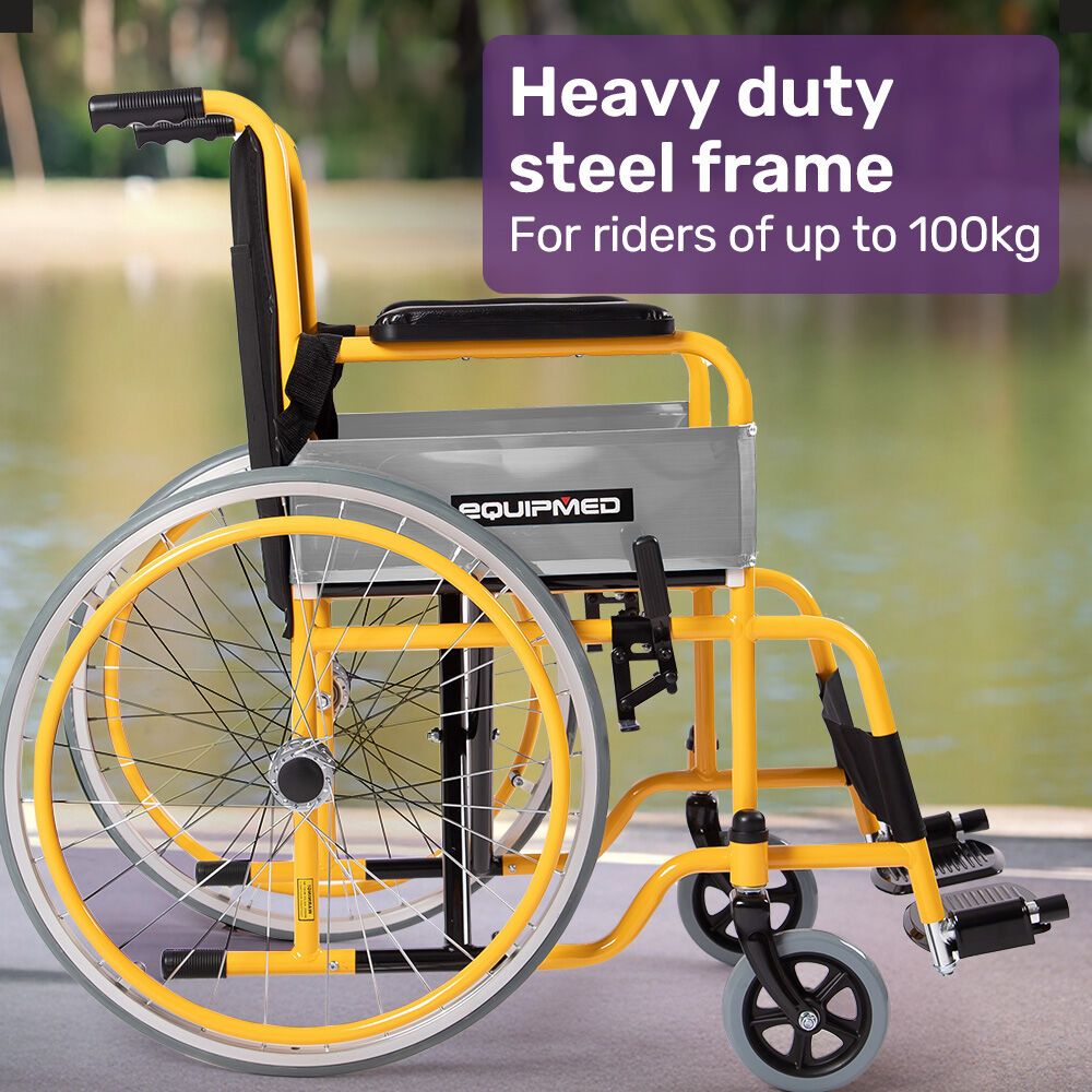 EQUIPMED Kids Paediatric Wheelchair, 100kg Rated, 110-140cm Rider Height, Quick Folding, Adjustable Footrests, 22" Wheels, Yellow — image 2