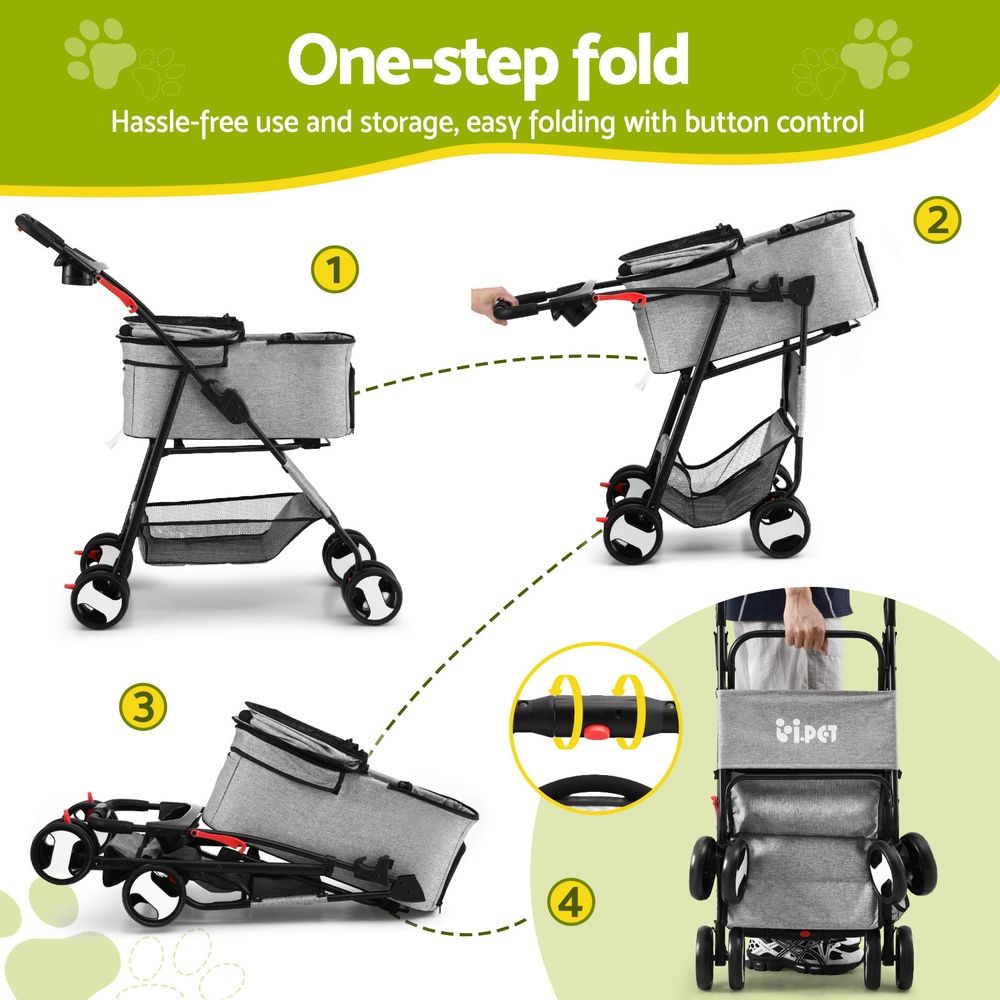i.Pet Pet Stroller Dog Pram Cat Carrier Travel Large Pushchair Foldable 4 Wheels Grey โ image 5