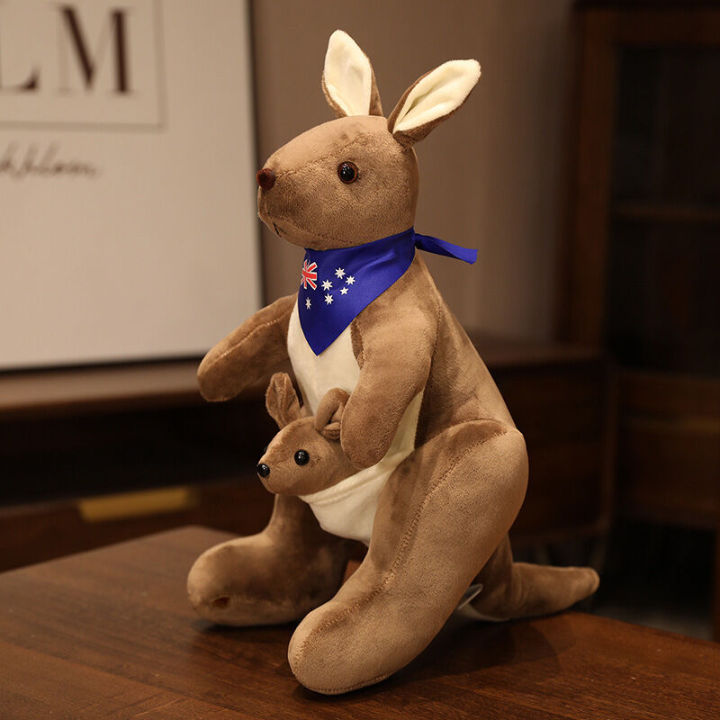 Kangaroo Stuffed Animal with Joey in Pouch & Australia Scarf - Soft Cuddly Plush Toy(45cm, Dark brown )| Other Colors Available in Store