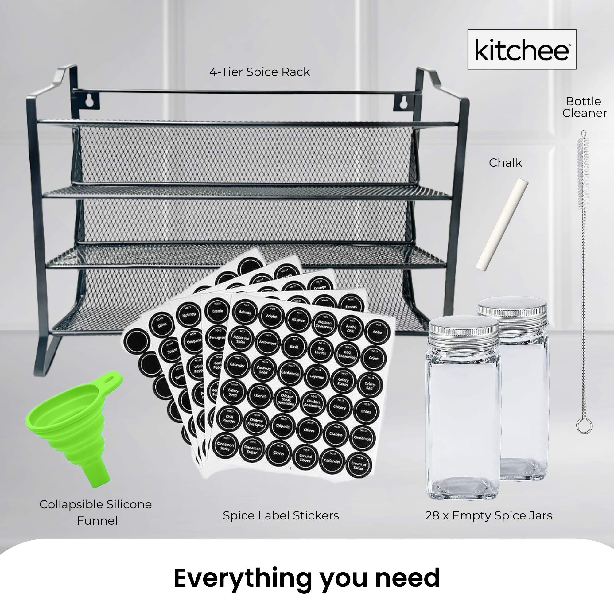 4 Tier Metal Spice Rack + 28 Glass Jars - Kitchen Pantry Herb Storage Organiser — image 3