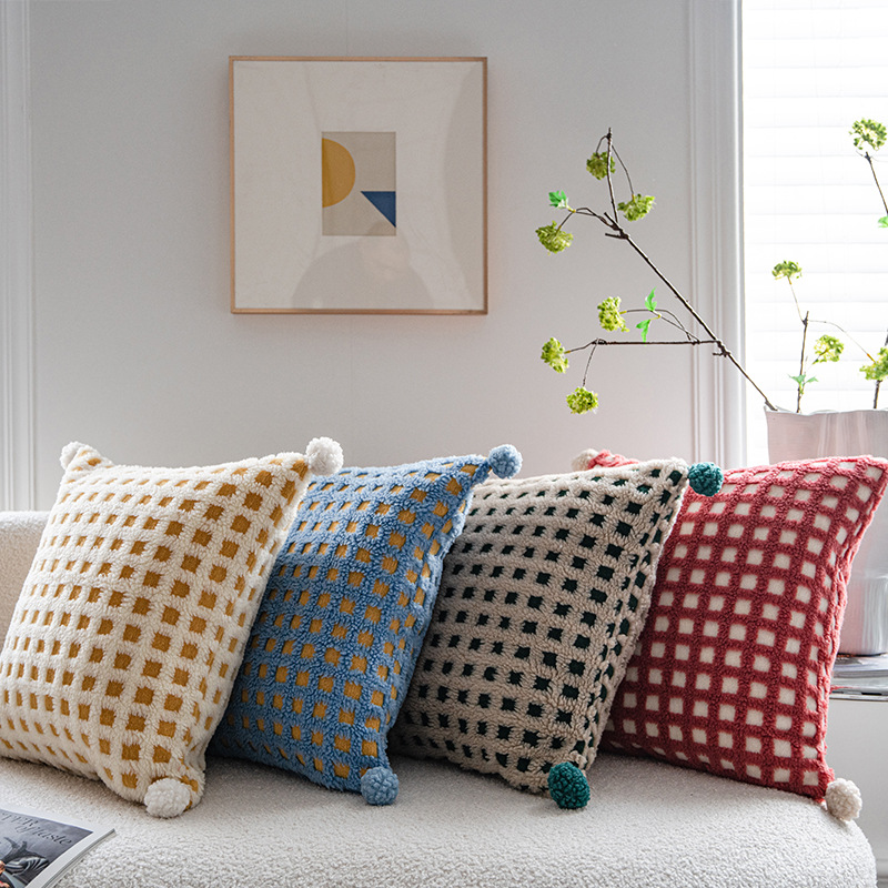 Blue and Yellow 3D Checkered Cushion Cover with Pom Poms - Soft Decorative Pillow Case for Sofa & Living Room (45x45cm, Cover Only) — image 4