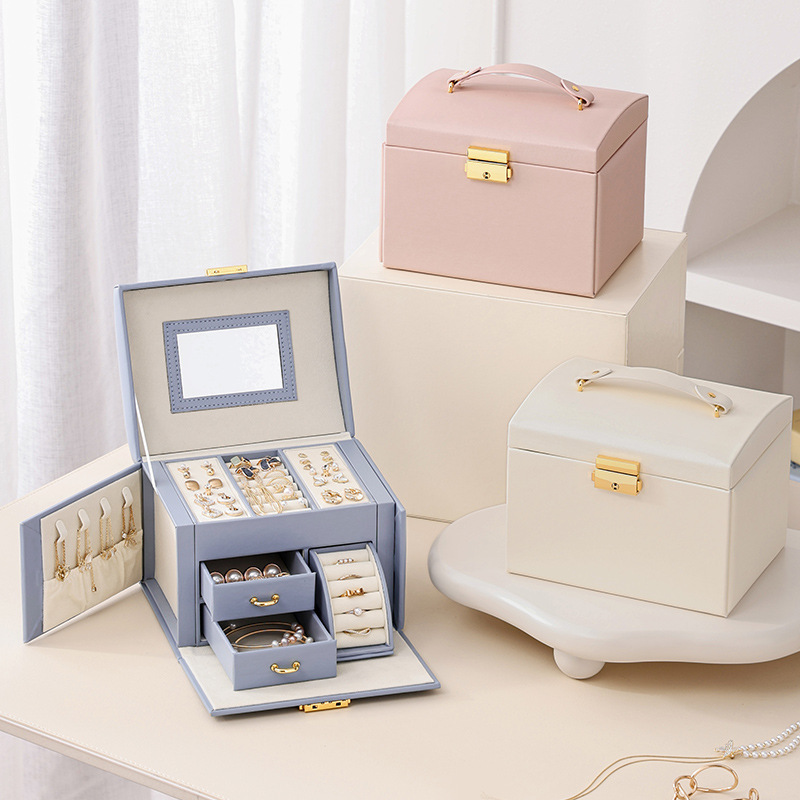Light Blue Luxury PU Leather Jewelry Storage Box - 3-Tier Organizer with Mirror for Necklaces, Earrings, and Rings(Jewelry is a photo prop and is not — image 2