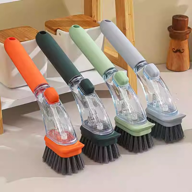 Orange Long-Handled Liquid Dispensing Pot Scrubber – Multi-Use Kitchen Cleaning Brush with Built-In Detergent Reservoir — image 4