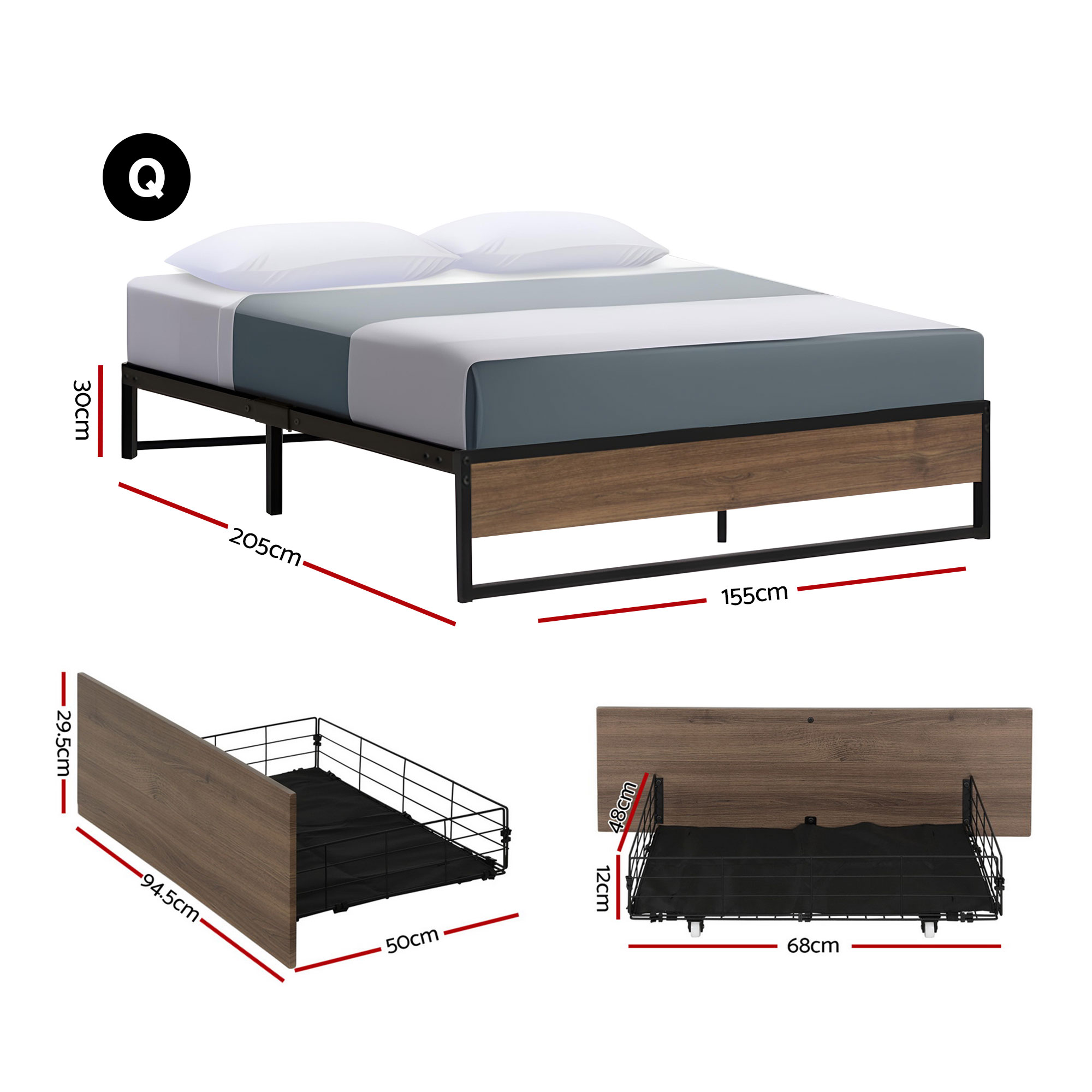 Artiss Bed Frame Metal Frame Queen Size Bed Base 2 Drawers OSLO โ image 2