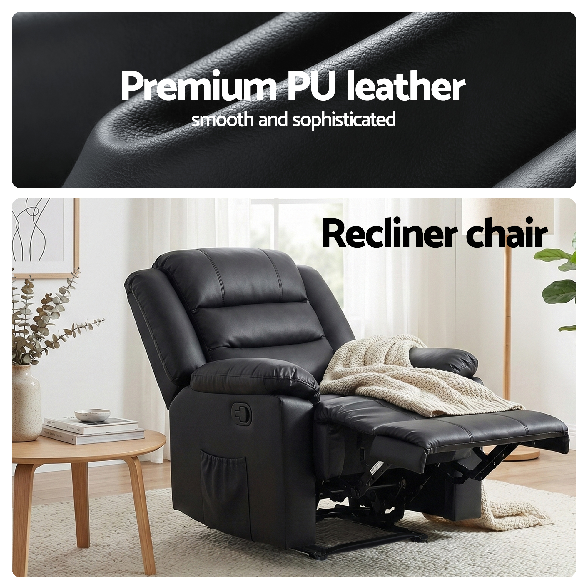 Artiss Manual Recliner Chair Leather Reclining Sofa with 16color Led Black โ image 5