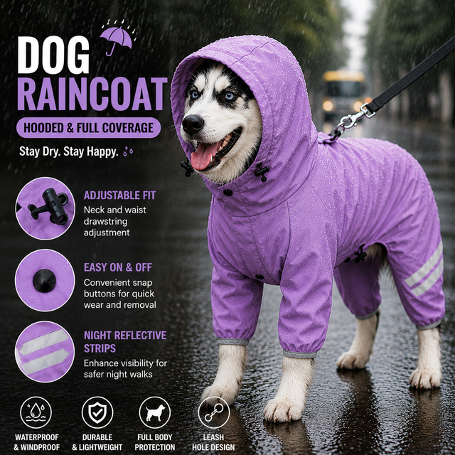 Purple Waterproof Full Body Dog Raincoat with Adjustable Hood & Waist, Easy Snap Closure and Hidden Leash Opening - Lightweight Four-Leg Reflective Pet Rain