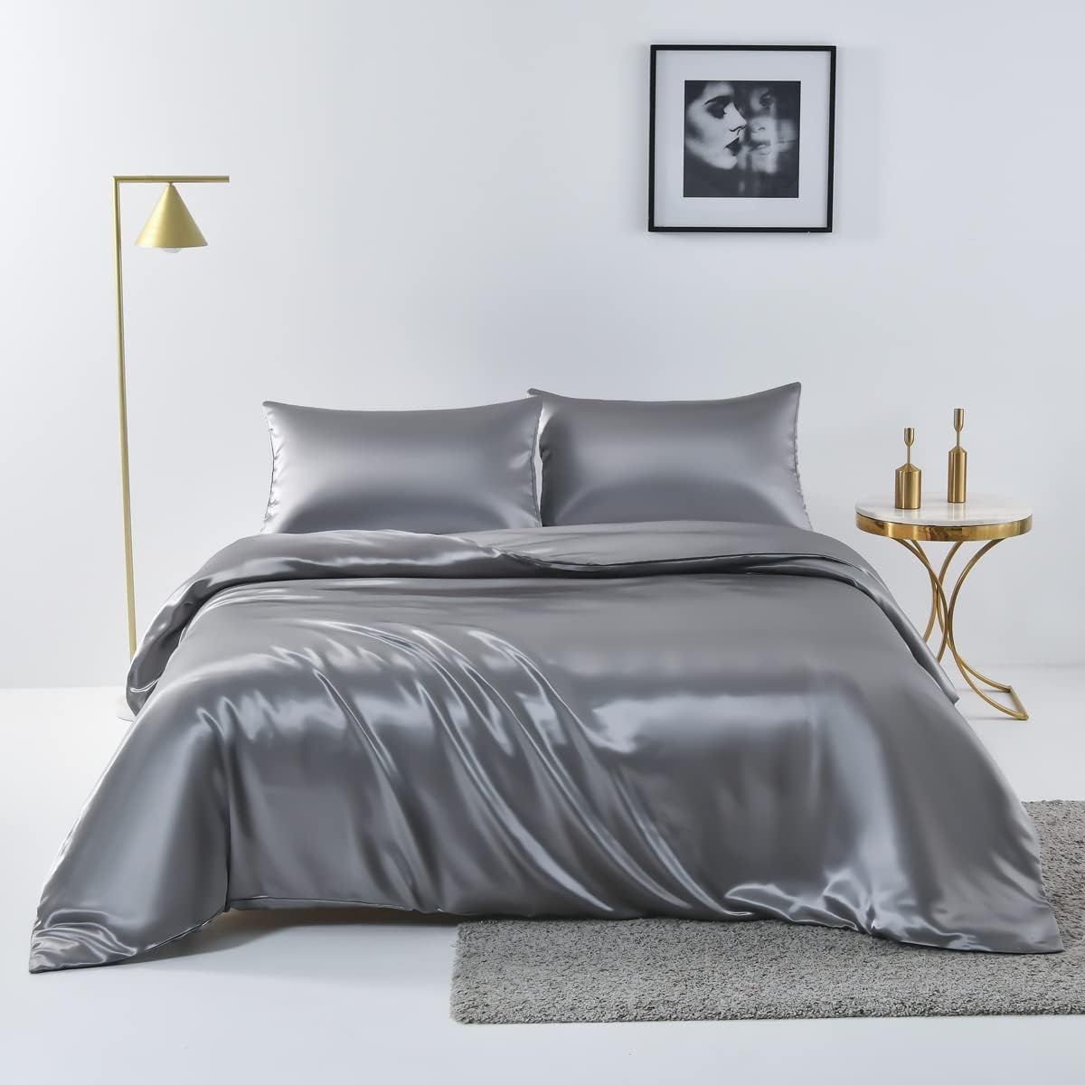 Satin Quilt cover Set Hotel 3 Pieces Quilt cover with Pillowcase, Art Silk Bedding Set-Luxury Soft Silky pillowcase for Hair and Skin, Similar to Silk