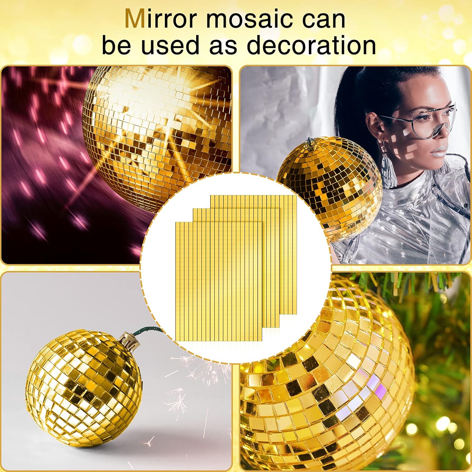 3600 Pieces Mirrors Mosaic Disco Ball Mirror Tiles Self-Adhesive Real Square Glass Mirror DIY Tiles for Craft DIY Glass Decorations Making(Gold,0.2 Inch) — image 3