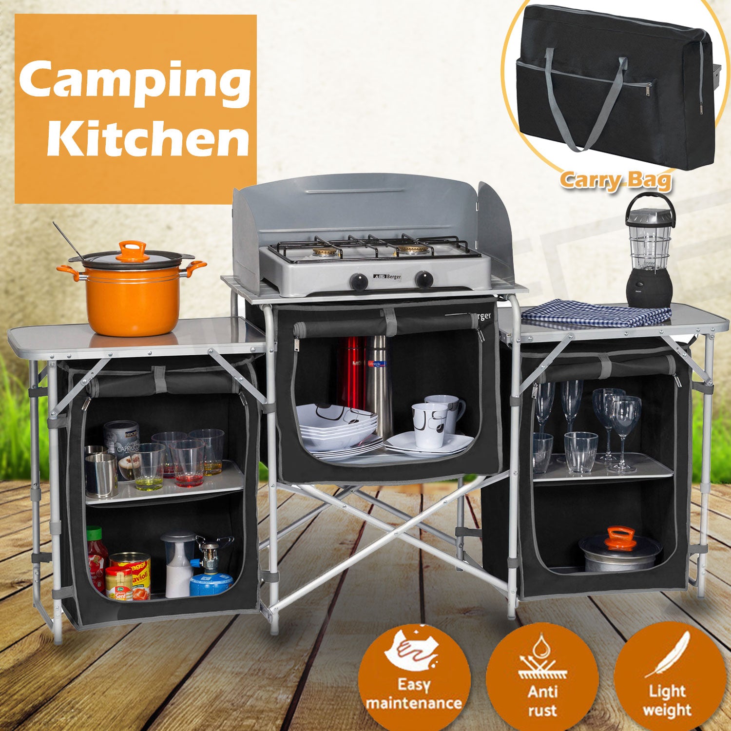Deluxe Aluminium Foldable Camping Kitchen Picnic Cupboard Bench Table Windshield โ image 2