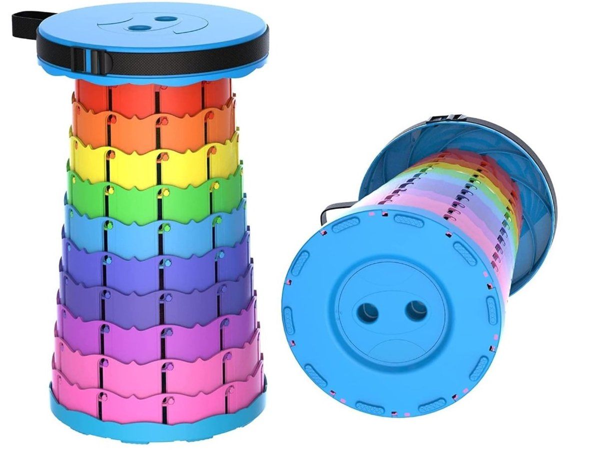Telescoping Folding Camping Stool With Adjustable Height, 200 kg Capacity, Portable Strap, Rainbow, 6 to 45 cm, 25 cm Diameter