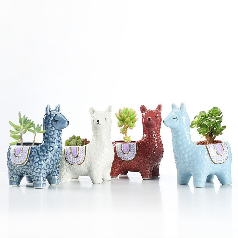 Red Ceramic Planter with Head Tilted Alpaca — image 6
