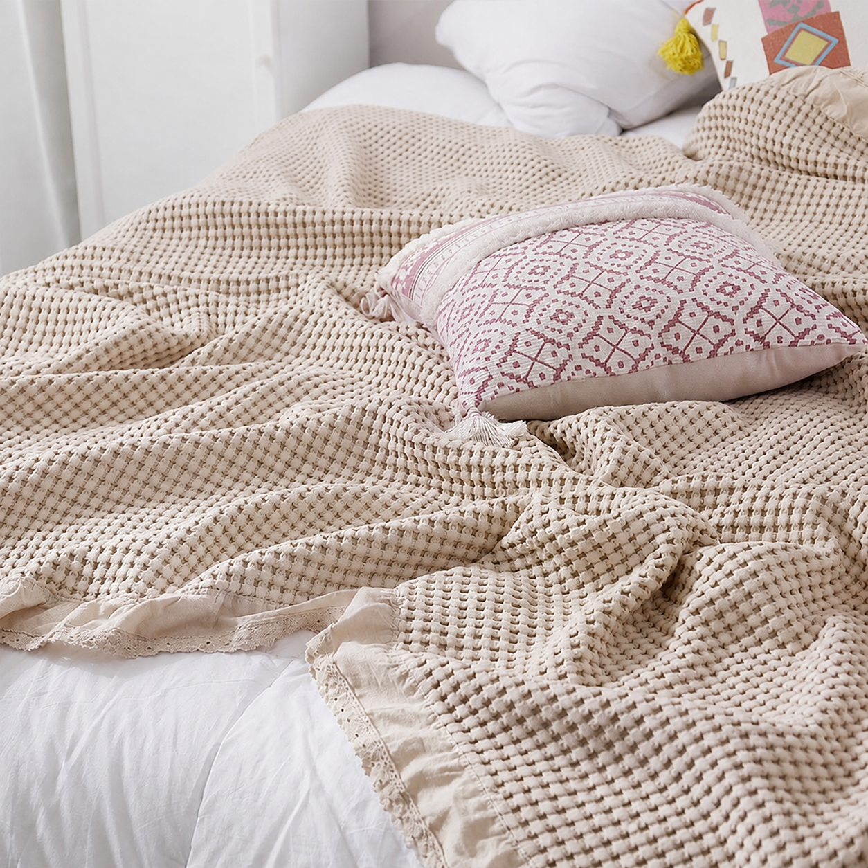 Cotton Waffle Blanket - Beige Textured Throw 110x160cm for Sofa, Office and Travel Use โ image 2