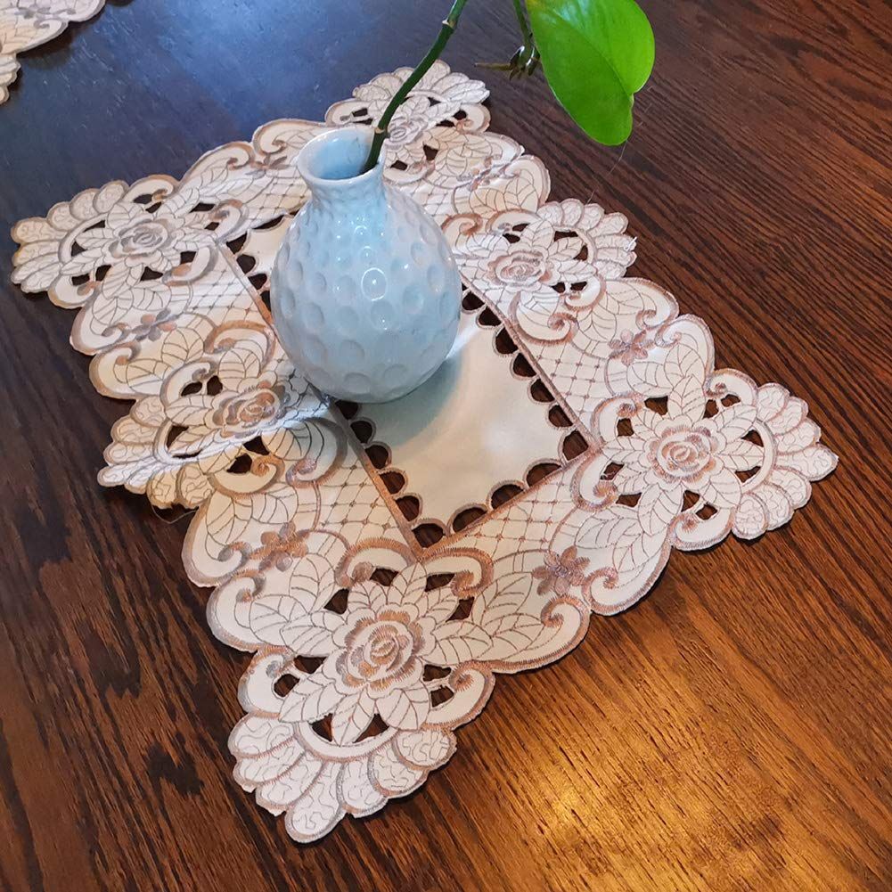 17 Inch X 11 Inch Embroidered Flower Brown Place mats, Set of 4, Elegant Classic Washable Lace Place Mats, Home Decoration Party — image 4