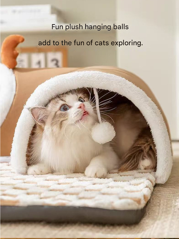 Grey L size Cat Tunnel Bed House 4-Season Universal Removable Washable U-Shaped Cat Cave with Multi-Entrance, Plush Hideaway Pet Nest with Detachable Mat for โ image 4