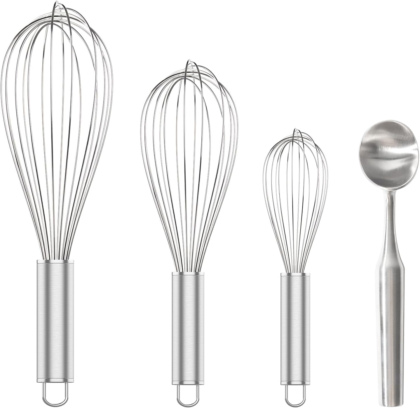 304 Stainless Steel Whisk Set & Stainless Steel Ice Cream Scoop, 3 Pack Whisks and Heavy Duty Scoop for Kitchen Cooking and Dessert Making
