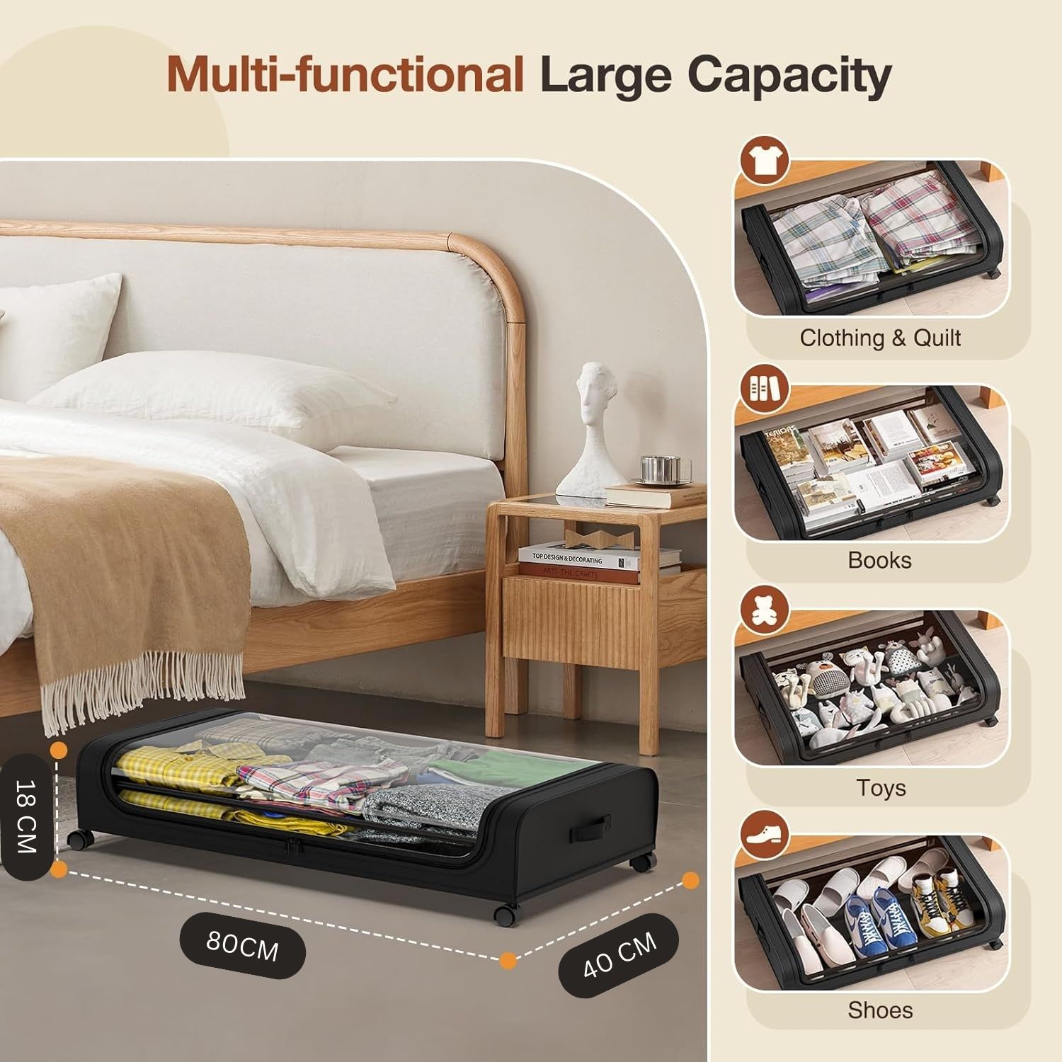 Set 2 Pcs XXL Under Bed Rolling Storage Containers with 50L Large Capacity and Wheels — image 3