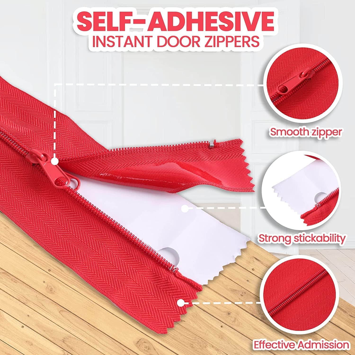 4-Pack Heavy-Duty Dust Protector Zipper (Red) - Self-Adhesive Instant Door Zipper - 7 Ft Length x 3" Width - Includes 4 Zippers and Plastic Sheeting Cutter — image 2