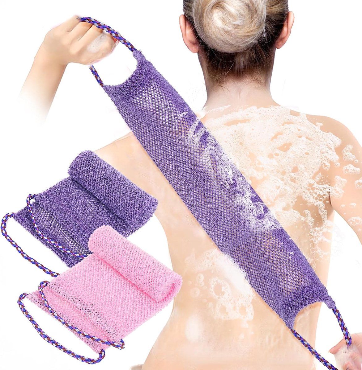 2 Pieces African net sponges with pull hook, Exfoliating shower sponge back wash, 15 × 75CM, Purple, Pink, for Home, Vehicle and Outdoor Cleaning