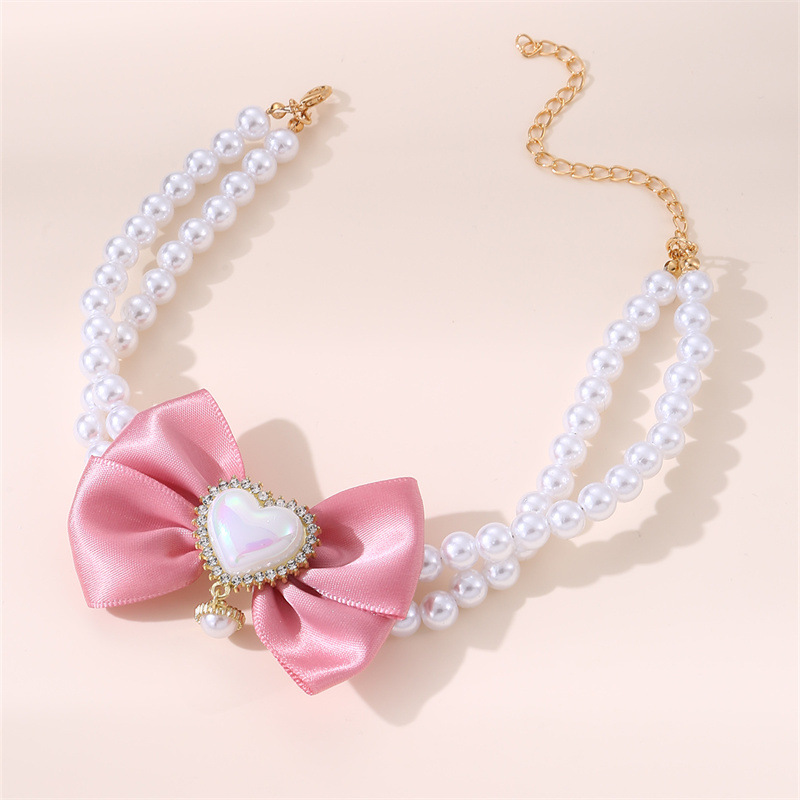 2 - PCS Cute Pet Pearl Necklace Collar with Pink Bow and Heart Charm - Size M — image 3